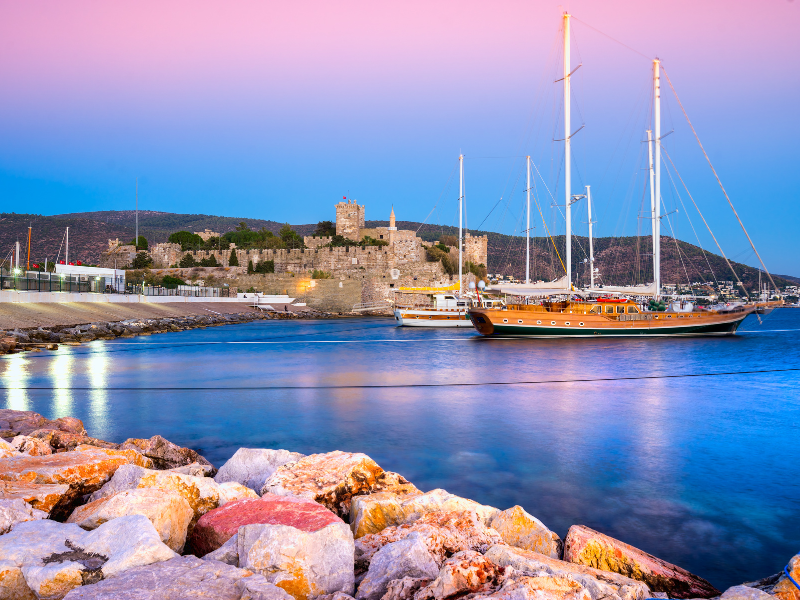 Bodrum marina and castle at sunset