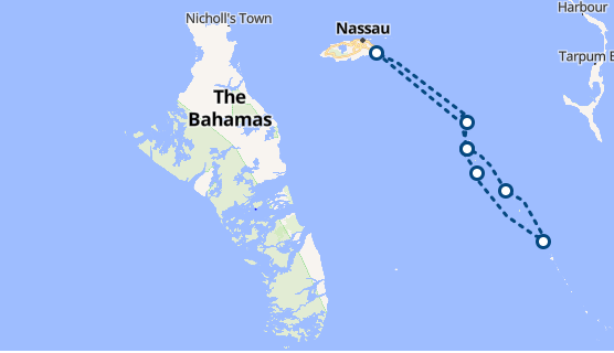 7-day sailing itinerary map of the Bahamas showing the Exuma Cays, Nassau, and popular anchoring spots for yacht charters.